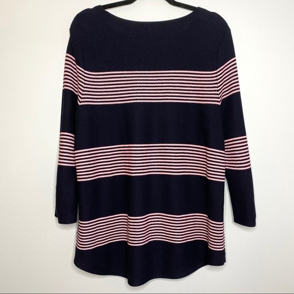 Talbots Navy Blue Pink Striped Waffle Knit Sweater - Picture 2 of 7
